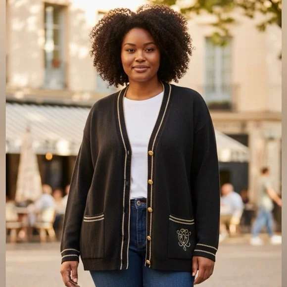 Vintage Sears V-Neck Cardigan with Gold Buttons and Metallic Trim - Picture 2 of 12